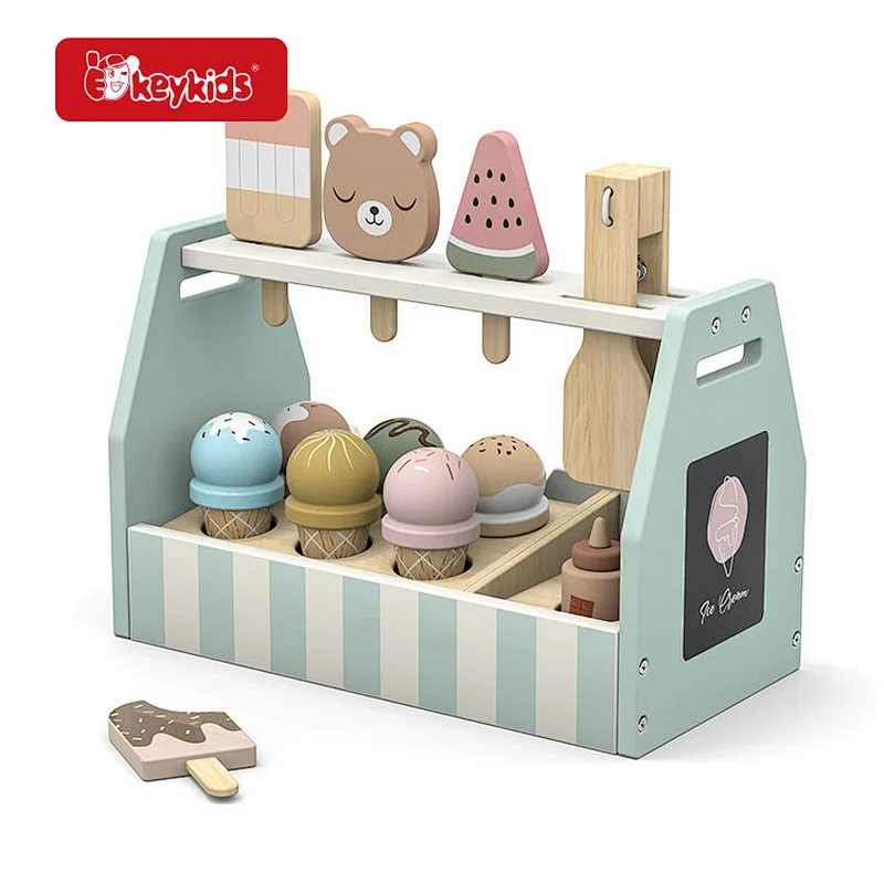 Wooden Ice Cream Shop Play Set with Popsicles,, Scoops and Pretend Play Accessories - Ice Cream Stand Toy for Kids W10A255